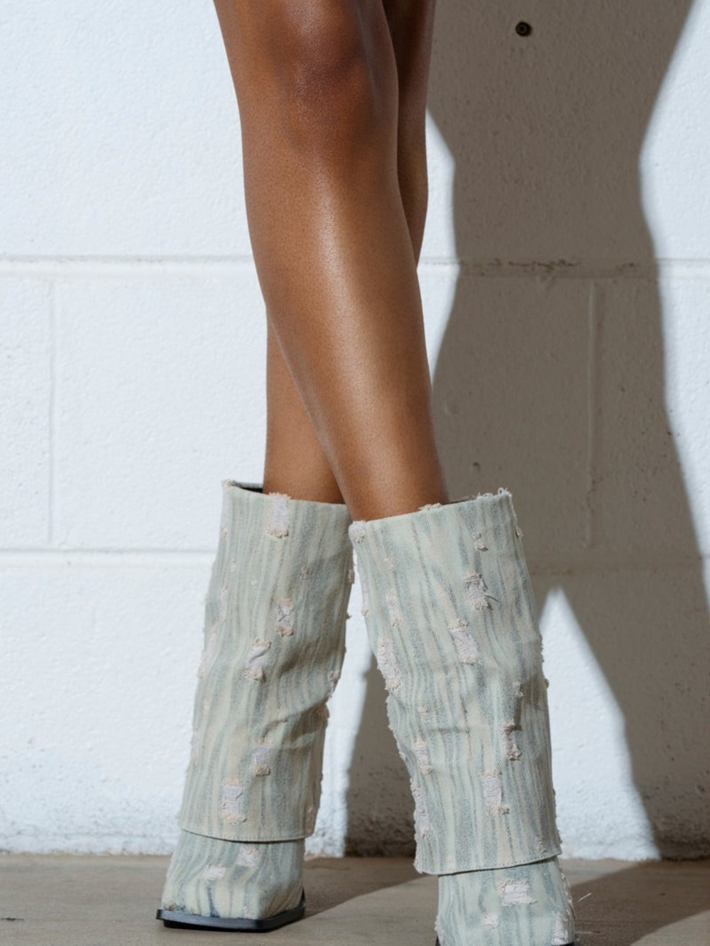 Luxe Distressed Light Wash Blue Gray Square Toe Mid-Calf Boots